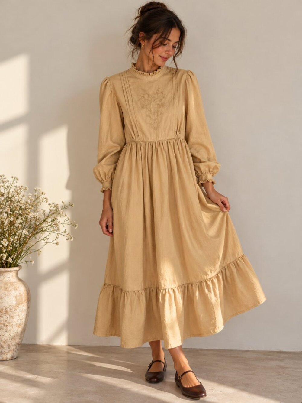 SIMPLE RETRO Beige Prairie Maxi Dress Embroidered Puff Sleeve Romantic Boho S